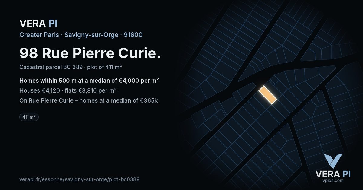 98 Rue Pierre Curie, Savigny-sur-Orge at night – the plot lit, the parcels around coloured by the prices near them