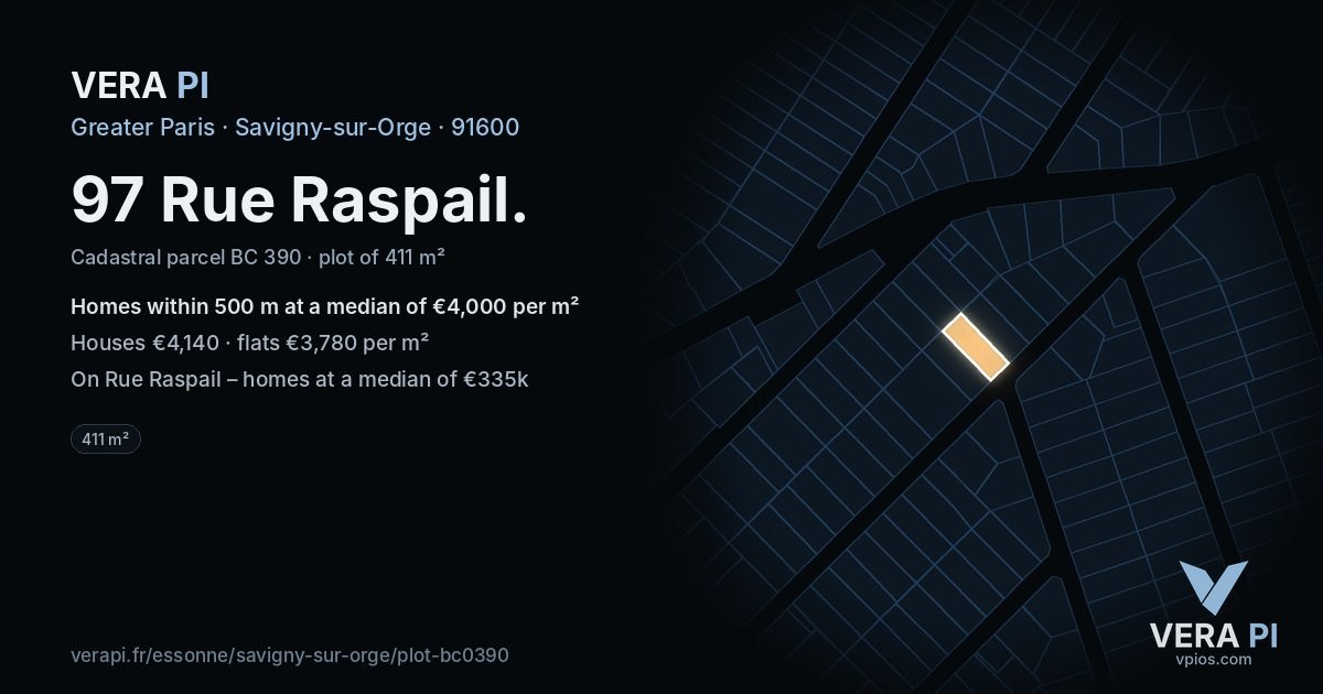 97 Rue Raspail, Savigny-sur-Orge at night – the plot lit, the parcels around coloured by the prices near them