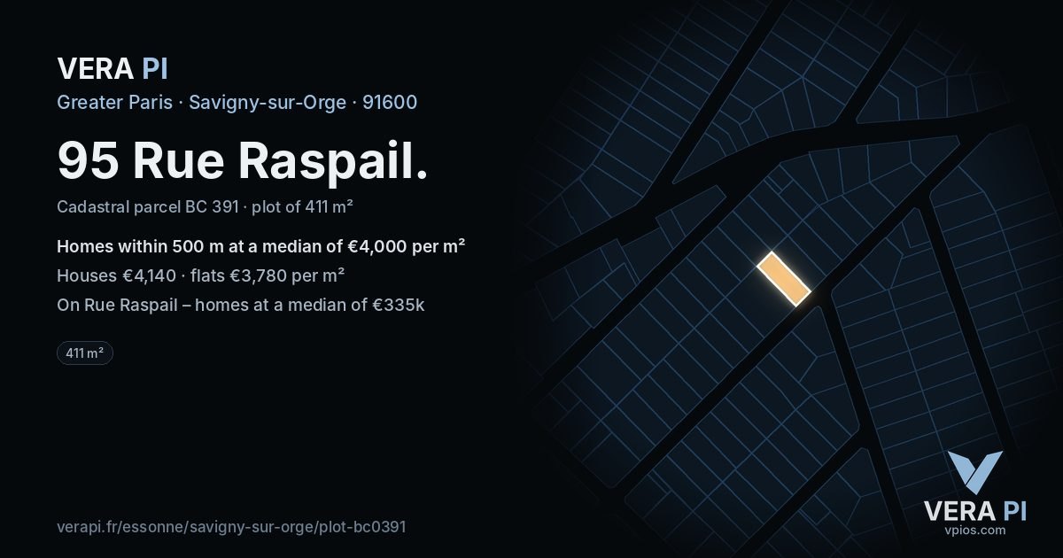 95 Rue Raspail, Savigny-sur-Orge at night – the plot lit, the parcels around coloured by the prices near them
