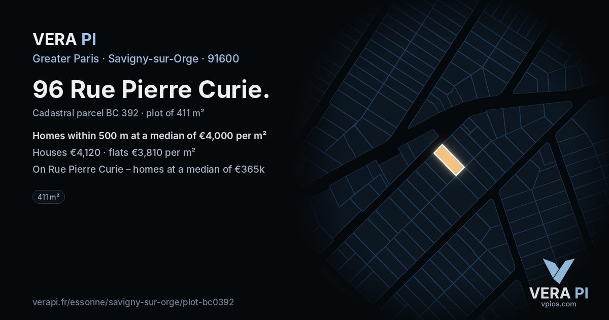 96 Rue Pierre Curie, Savigny-sur-Orge at night – the plot lit, the parcels around coloured by the prices near them