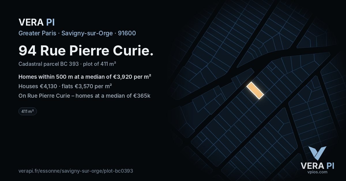 94 Rue Pierre Curie, Savigny-sur-Orge at night – the plot lit, the parcels around coloured by the prices near them