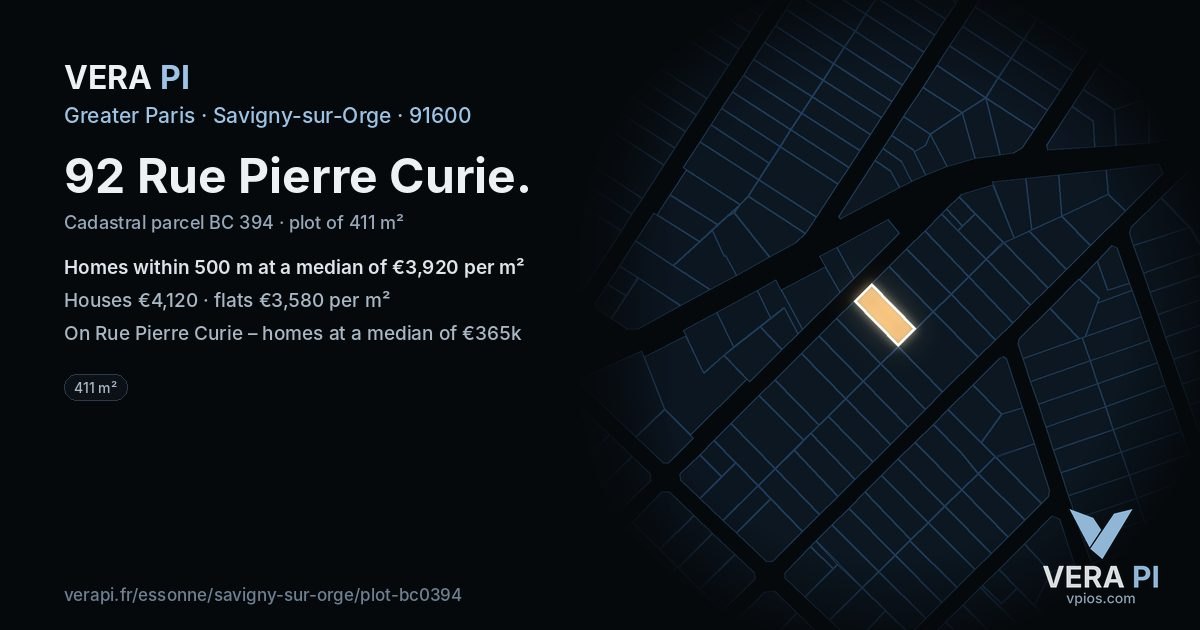 92 Rue Pierre Curie, Savigny-sur-Orge at night – the plot lit, the parcels around coloured by the prices near them