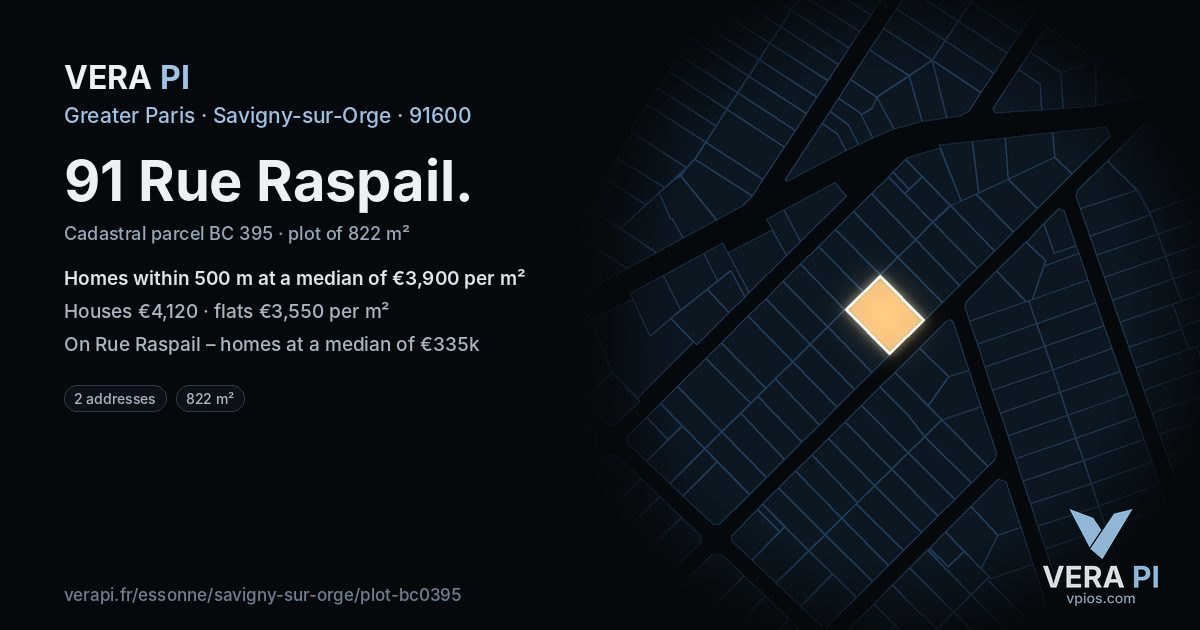 91 Rue Raspail, Savigny-sur-Orge at night – the plot lit, the parcels around coloured by the prices near them