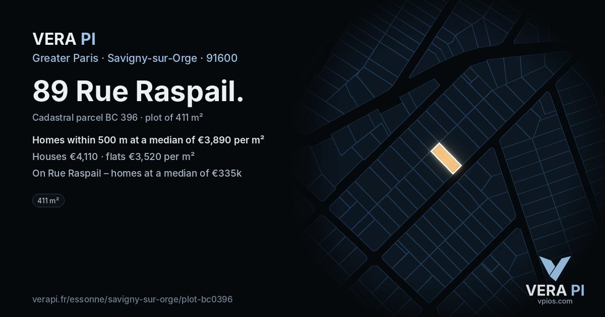 89 Rue Raspail, Savigny-sur-Orge at night – the plot lit, the parcels around coloured by the prices near them