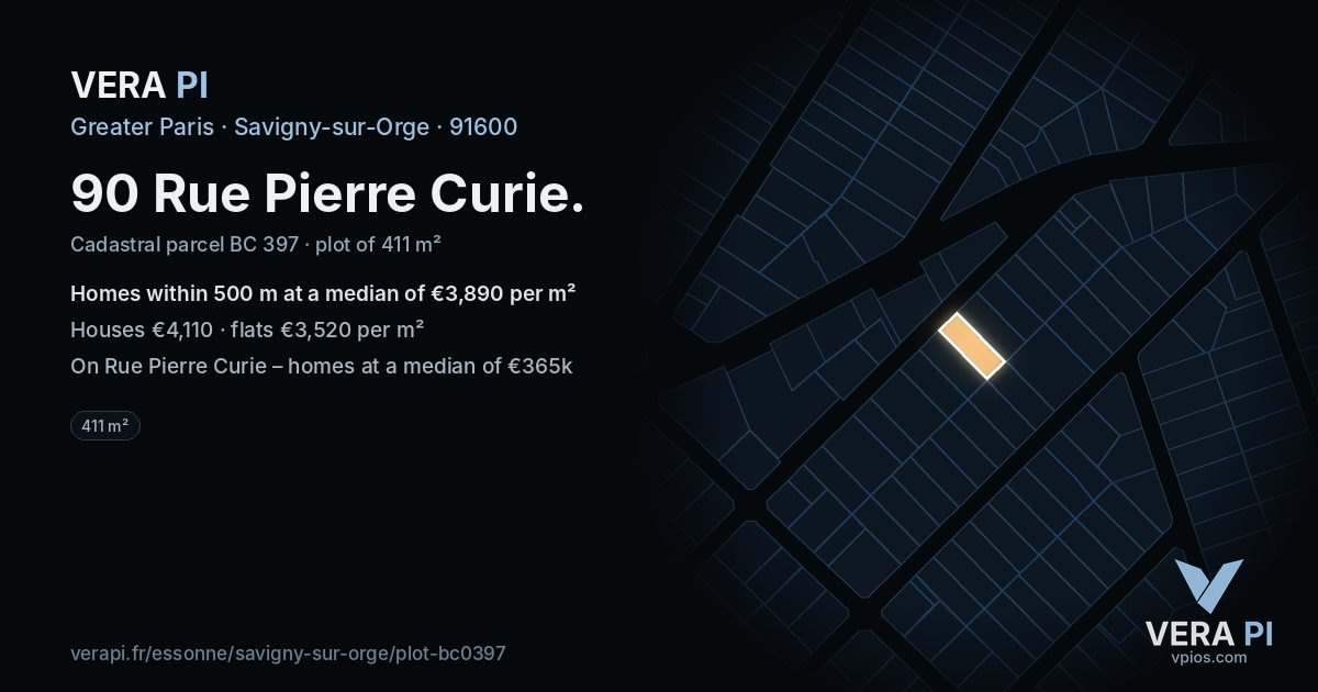 90 Rue Pierre Curie, Savigny-sur-Orge at night – the plot lit, the parcels around coloured by the prices near them