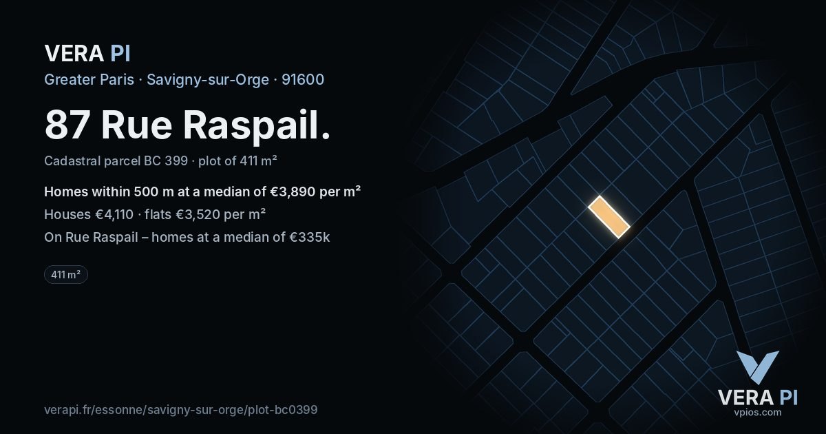 87 Rue Raspail, Savigny-sur-Orge at night – the plot lit, the parcels around coloured by the prices near them