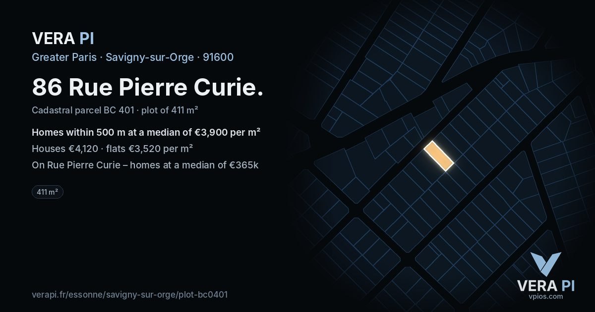 86 Rue Pierre Curie, Savigny-sur-Orge at night – the plot lit, the parcels around coloured by the prices near them