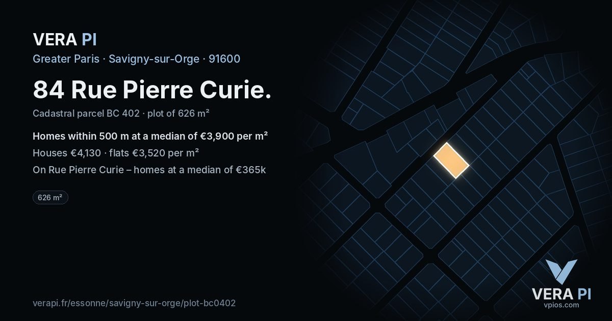 84 Rue Pierre Curie, Savigny-sur-Orge at night – the plot lit, the parcels around coloured by the prices near them