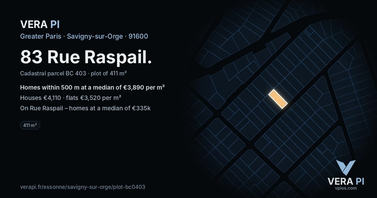 83 Rue Raspail, Savigny-sur-Orge at night – the plot lit, the parcels around coloured by the prices near them