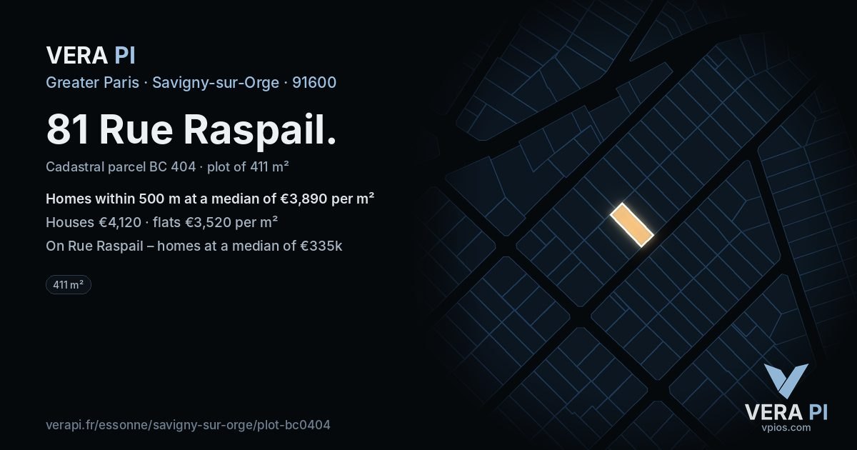 81 Rue Raspail, Savigny-sur-Orge at night – the plot lit, the parcels around coloured by the prices near them