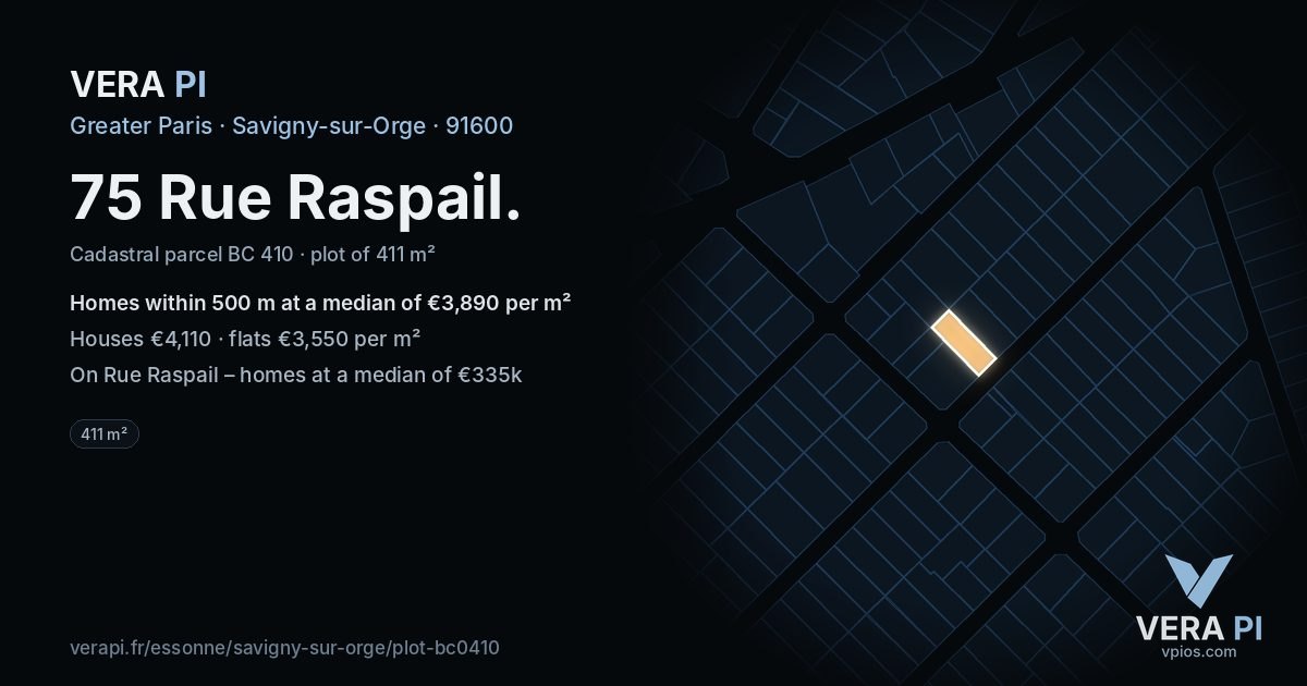 75 Rue Raspail, Savigny-sur-Orge at night – the plot lit, the parcels around coloured by the prices near them