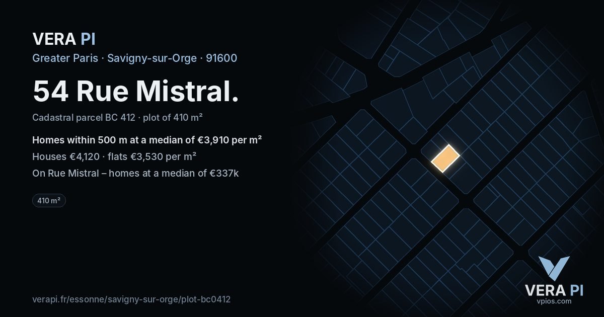 54 Rue Mistral, Savigny-sur-Orge at night – the plot lit, the parcels around coloured by the prices near them