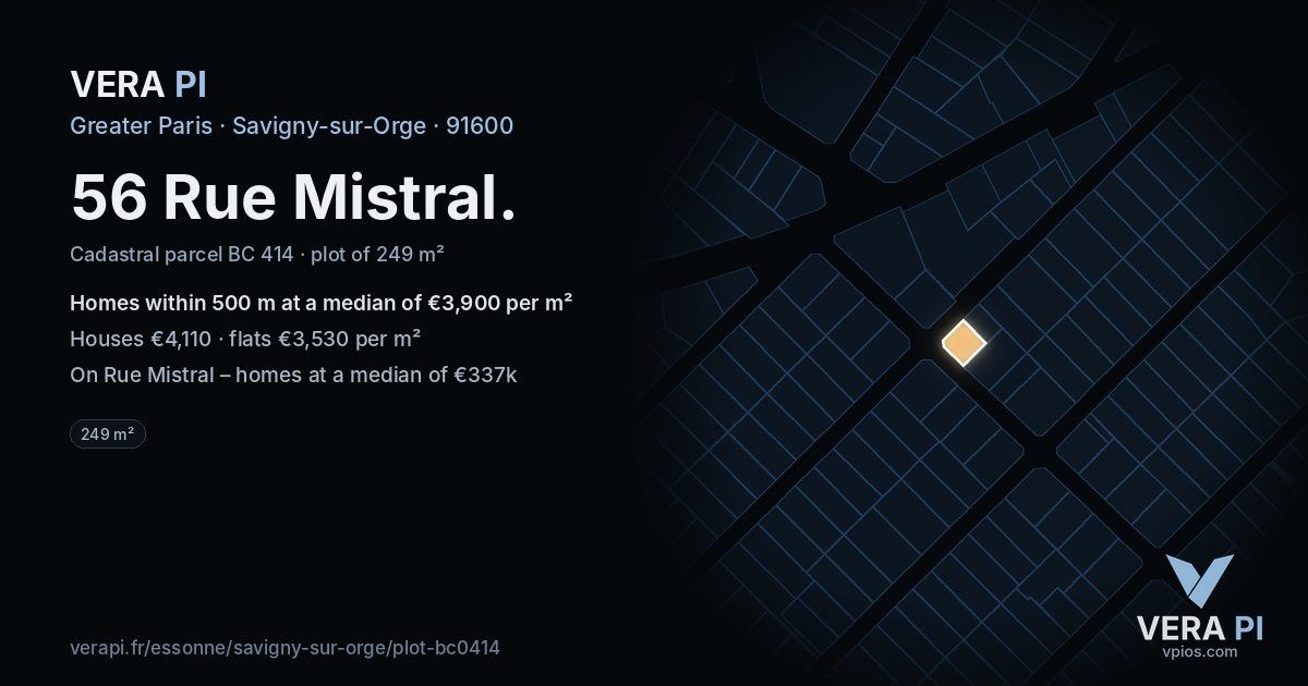56 Rue Mistral, Savigny-sur-Orge at night – the plot lit, the parcels around coloured by the prices near them