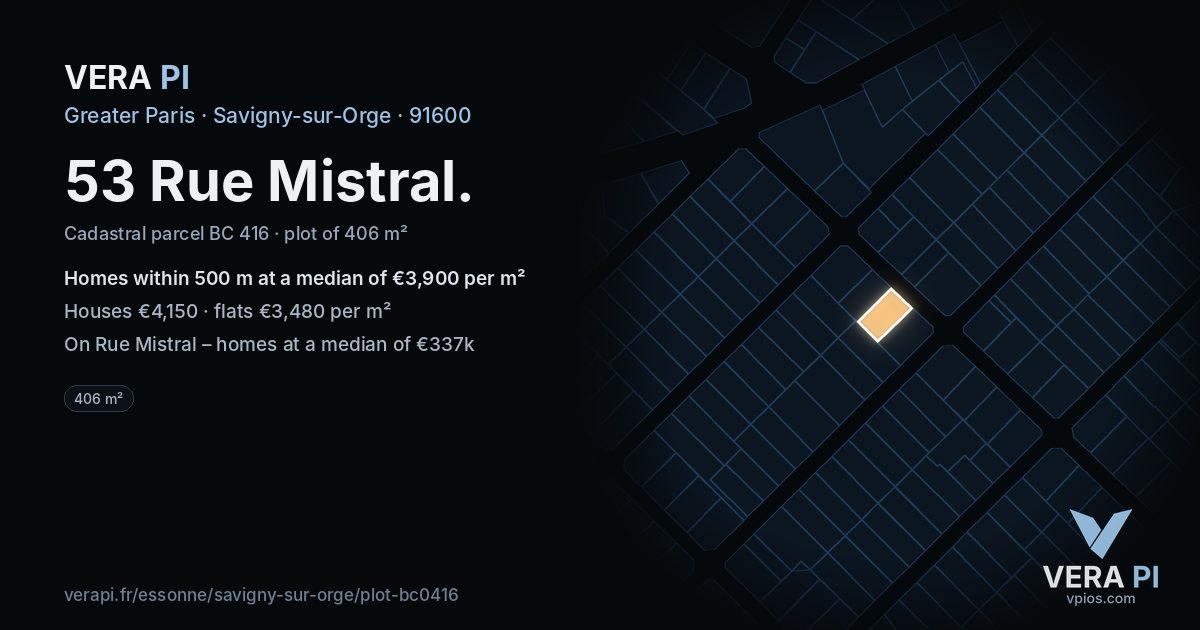 53 Rue Mistral, Savigny-sur-Orge at night – the plot lit, the parcels around coloured by the prices near them
