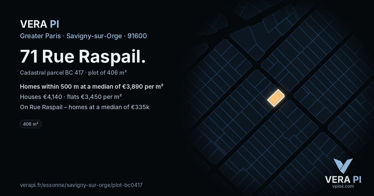 71 Rue Raspail, Savigny-sur-Orge at night – the plot lit, the parcels around coloured by the prices near them