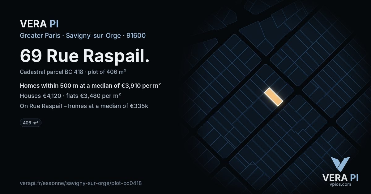 69 Rue Raspail, Savigny-sur-Orge at night – the plot lit, the parcels around coloured by the prices near them