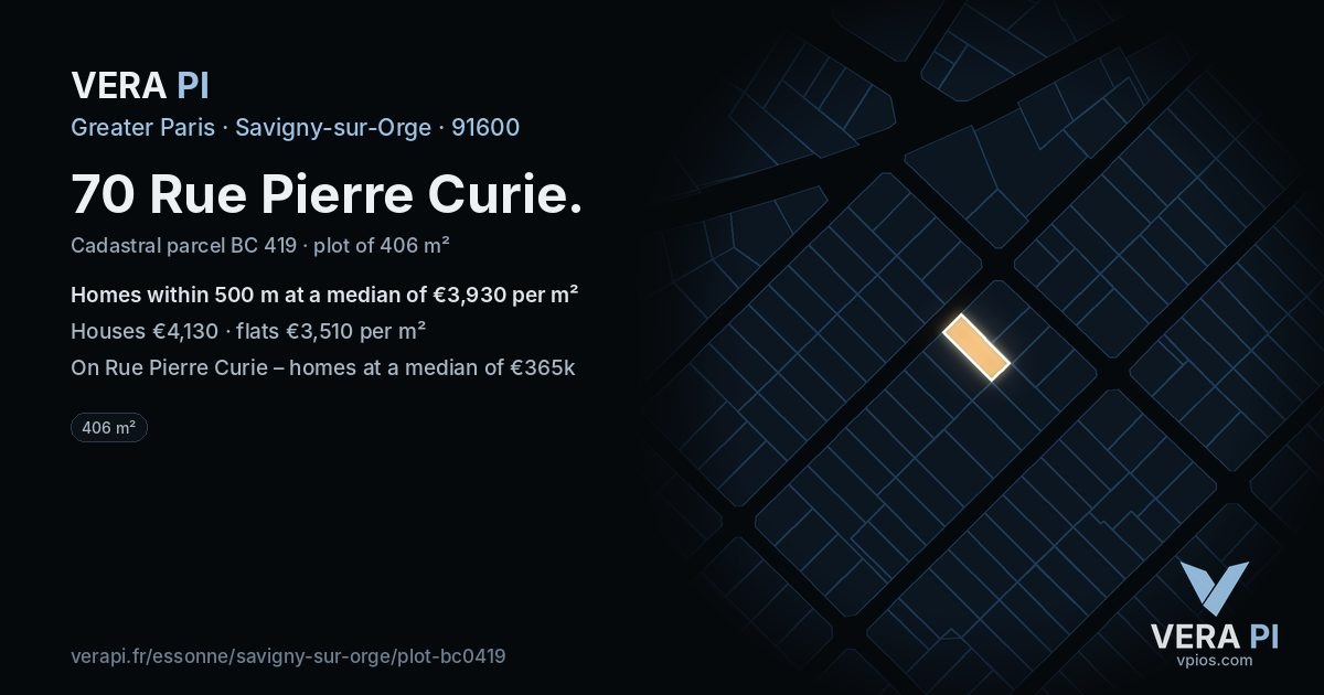 70 Rue Pierre Curie, Savigny-sur-Orge at night – the plot lit, the parcels around coloured by the prices near them