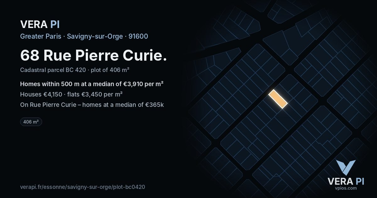 68 Rue Pierre Curie, Savigny-sur-Orge at night – the plot lit, the parcels around coloured by the prices near them