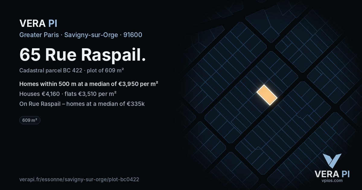 65 Rue Raspail, Savigny-sur-Orge at night – the plot lit, the parcels around coloured by the prices near them