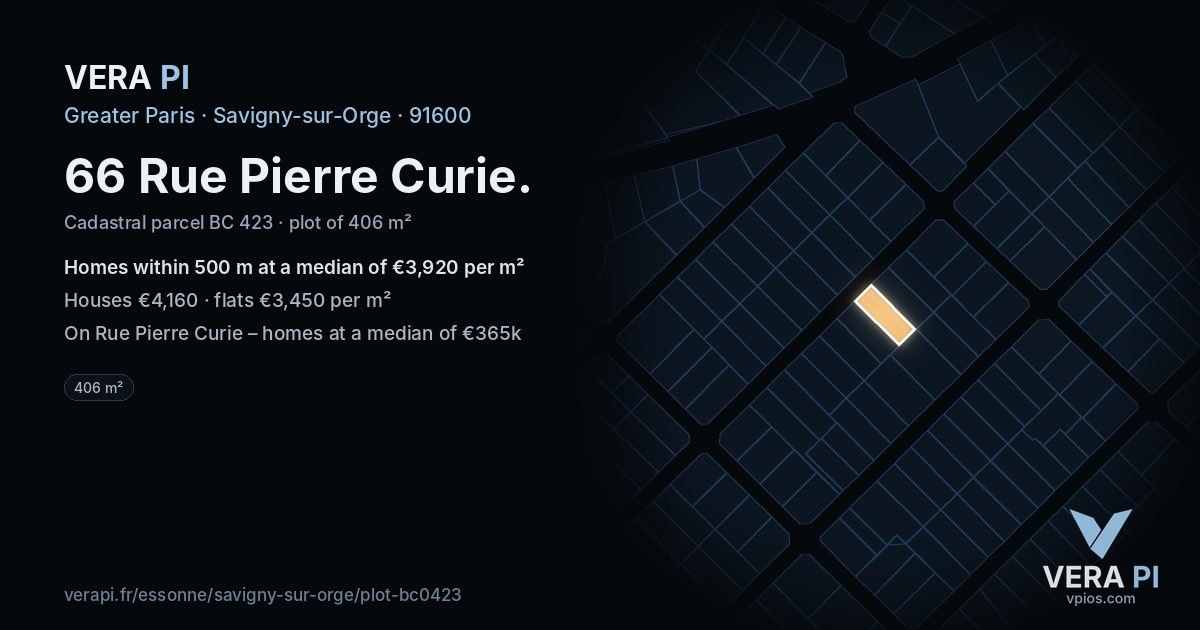 66 Rue Pierre Curie, Savigny-sur-Orge at night – the plot lit, the parcels around coloured by the prices near them