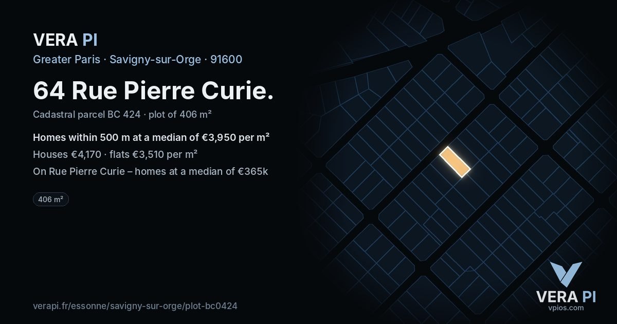 64 Rue Pierre Curie, Savigny-sur-Orge at night – the plot lit, the parcels around coloured by the prices near them