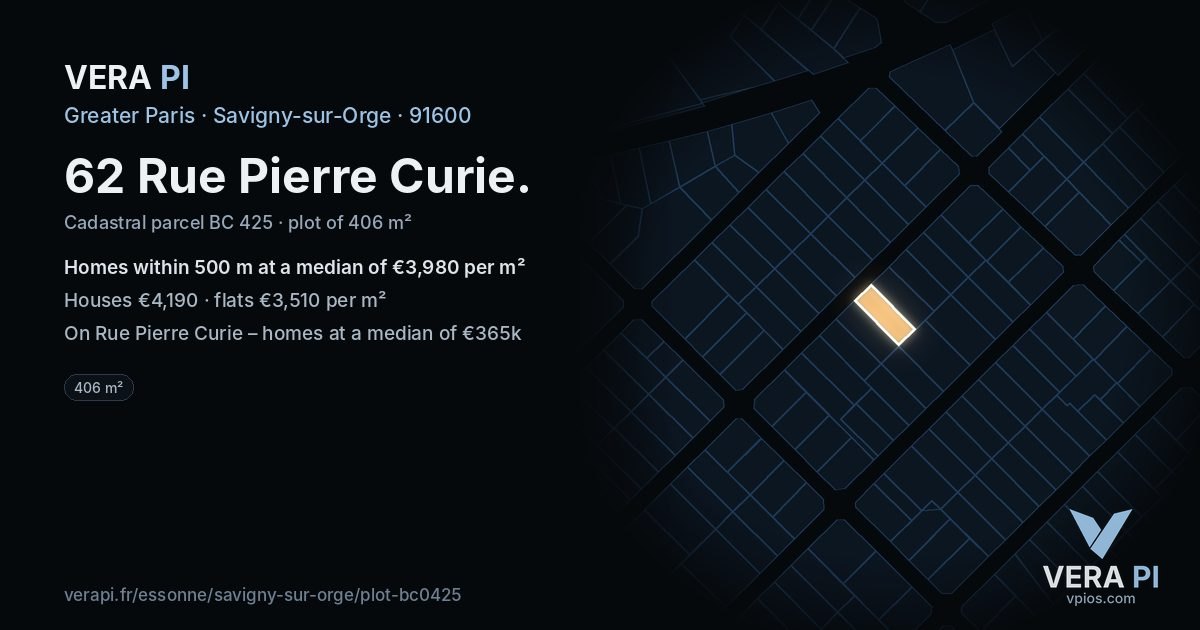 62 Rue Pierre Curie, Savigny-sur-Orge at night – the plot lit, the parcels around coloured by the prices near them