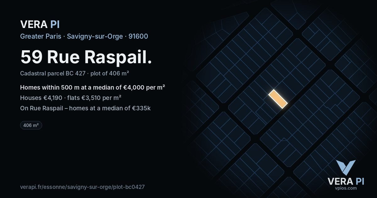 59 Rue Raspail, Savigny-sur-Orge at night – the plot lit, the parcels around coloured by the prices near them