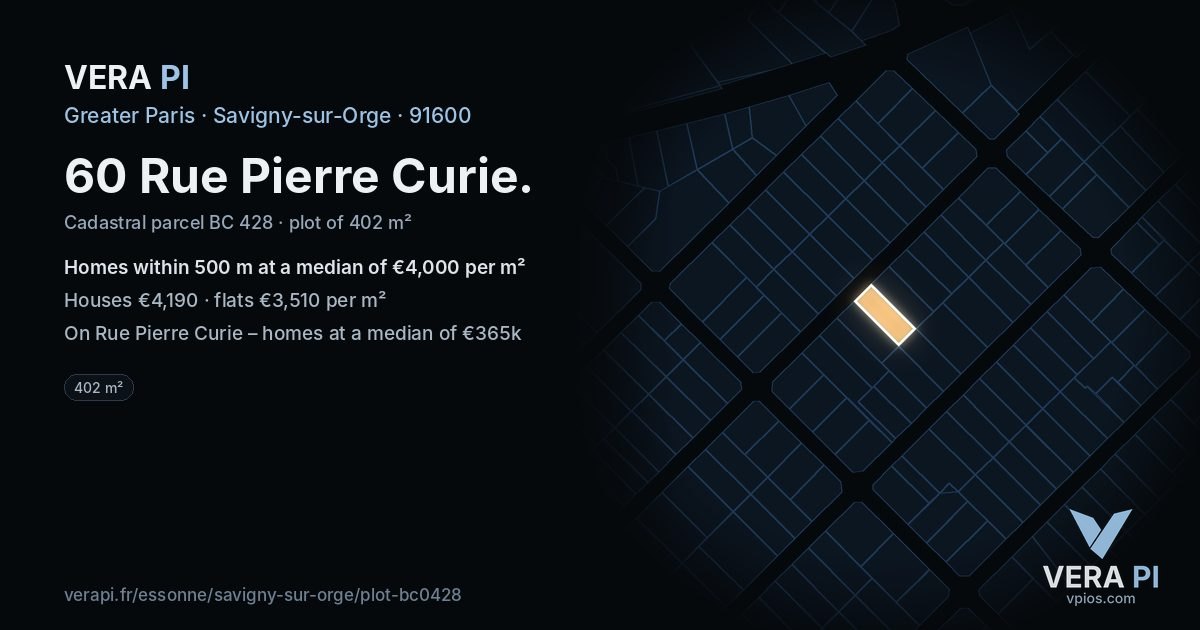 60 Rue Pierre Curie, Savigny-sur-Orge at night – the plot lit, the parcels around coloured by the prices near them