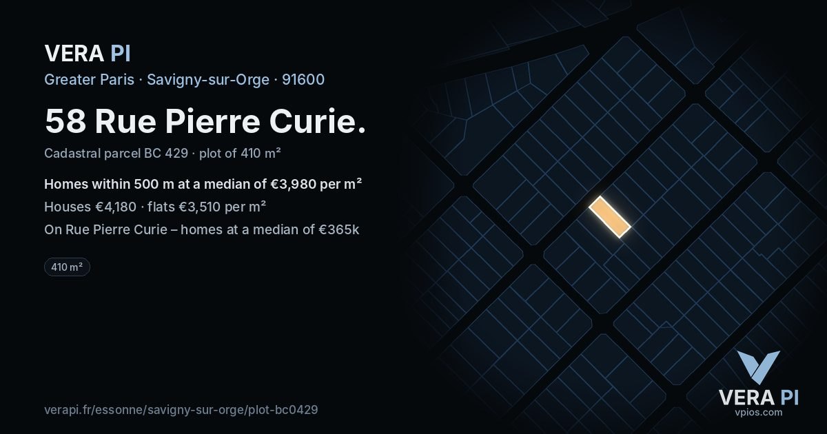 58 Rue Pierre Curie, Savigny-sur-Orge at night – the plot lit, the parcels around coloured by the prices near them