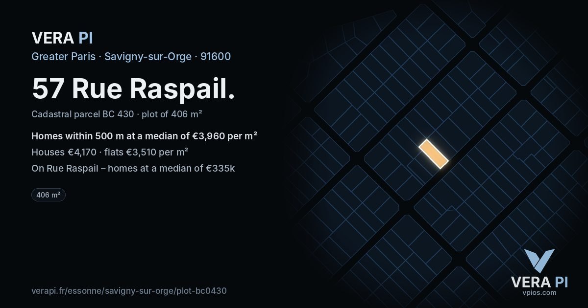 57 Rue Raspail, Savigny-sur-Orge at night – the plot lit, the parcels around coloured by the prices near them