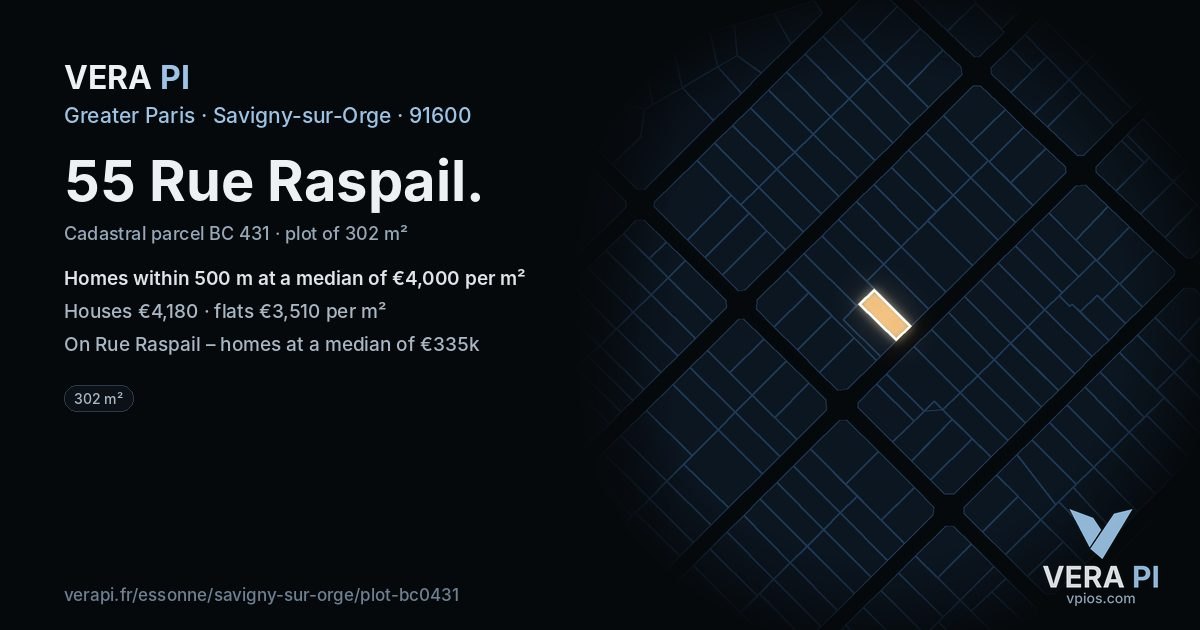 55 Rue Raspail, Savigny-sur-Orge at night – the plot lit, the parcels around coloured by the prices near them