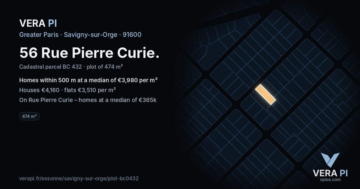 56 Rue Pierre Curie, Savigny-sur-Orge at night – the plot lit, the parcels around coloured by the prices near them