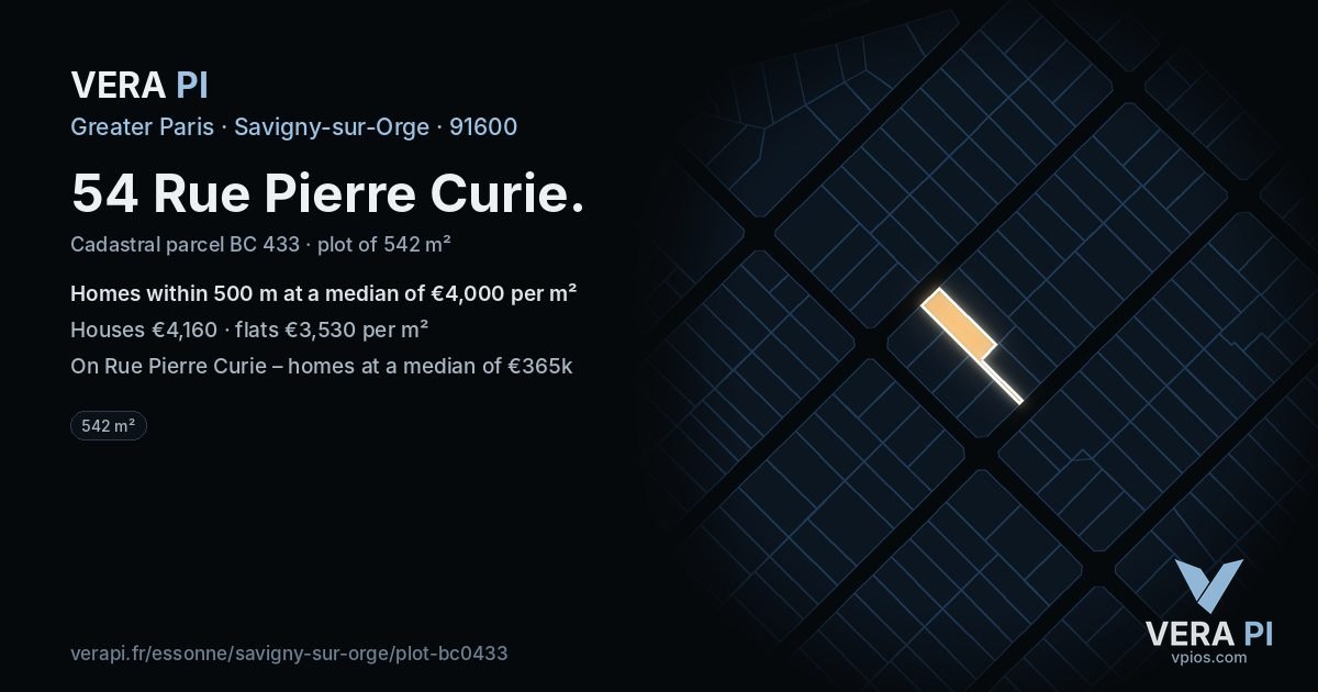 54 Rue Pierre Curie, Savigny-sur-Orge at night – the plot lit, the parcels around coloured by the prices near them