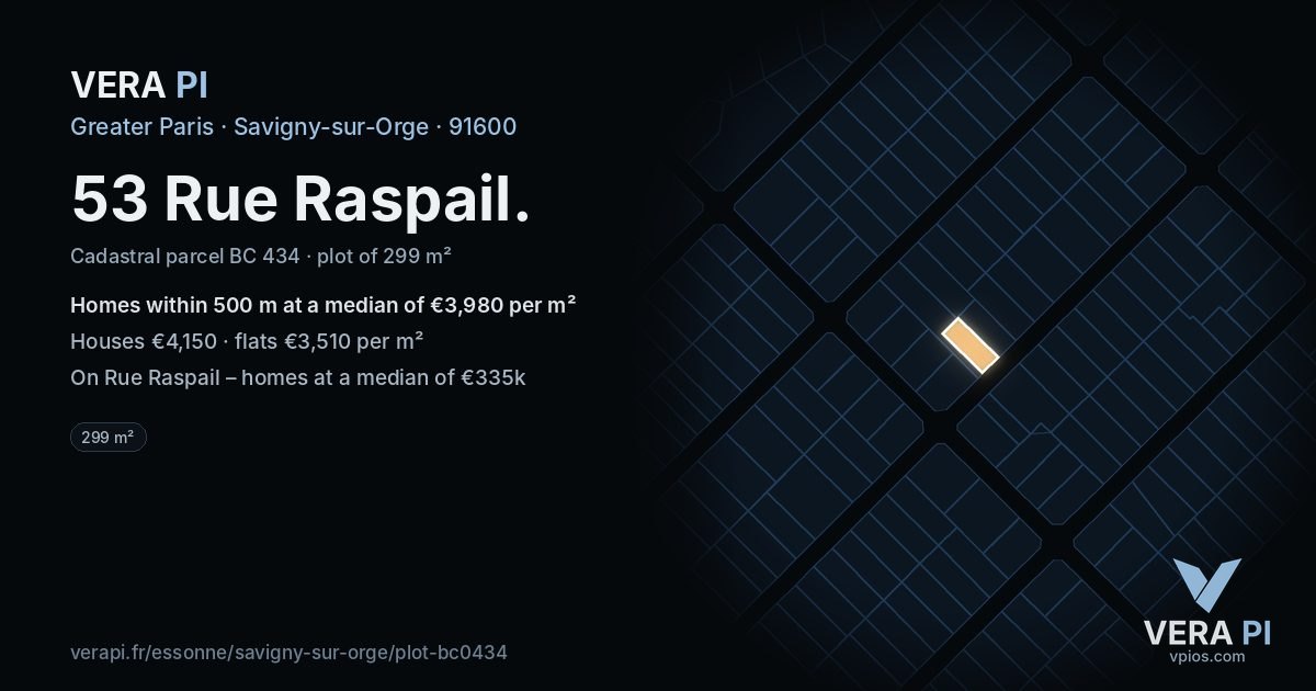 53 Rue Raspail, Savigny-sur-Orge at night – the plot lit, the parcels around coloured by the prices near them