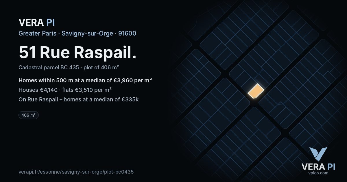 51 Rue Raspail, Savigny-sur-Orge at night – the plot lit, the parcels around coloured by the prices near them