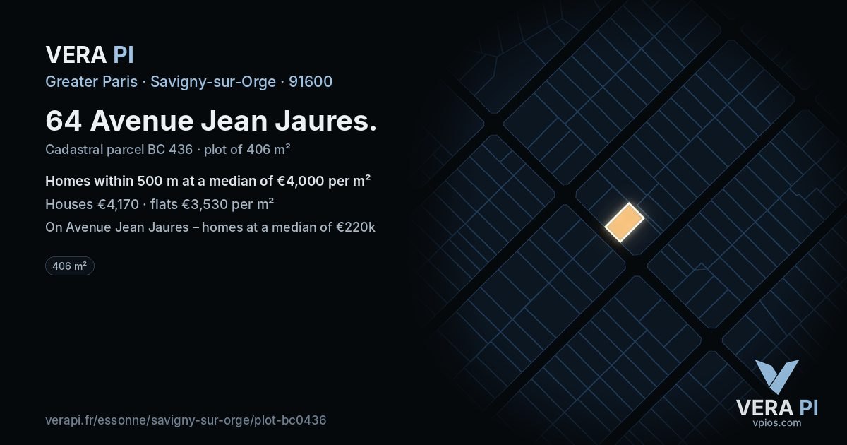 64 Avenue Jean Jaures, Savigny-sur-Orge at night – the plot lit, the parcels around coloured by the prices near them