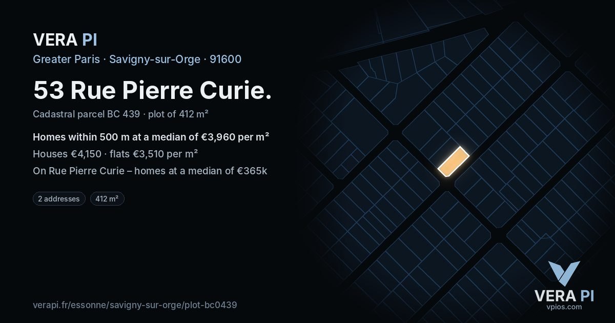 53 Rue Pierre Curie, Savigny-sur-Orge at night – the plot lit, the parcels around coloured by the prices near them