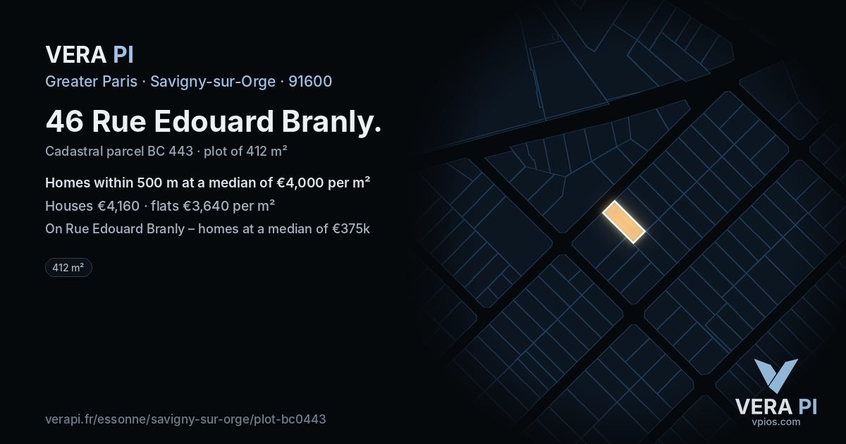 46 Rue Edouard Branly, Savigny-sur-Orge at night – the plot lit, the parcels around coloured by the prices near them