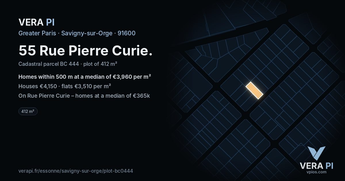 55 Rue Pierre Curie, Savigny-sur-Orge at night – the plot lit, the parcels around coloured by the prices near them