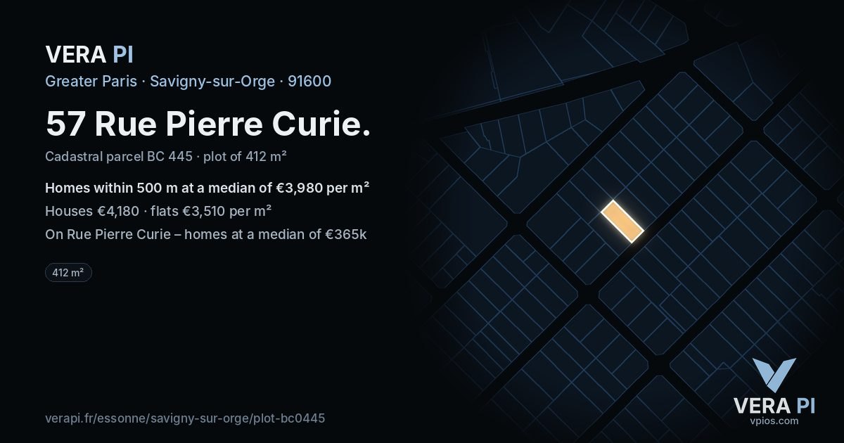57 Rue Pierre Curie, Savigny-sur-Orge at night – the plot lit, the parcels around coloured by the prices near them