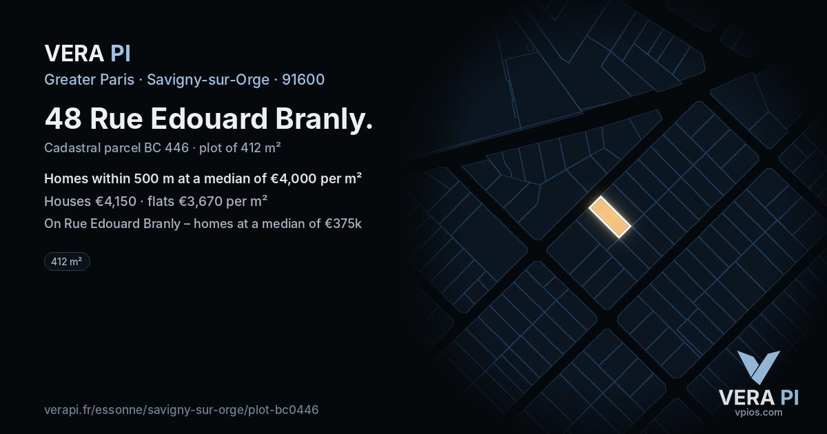 48 Rue Edouard Branly, Savigny-sur-Orge at night – the plot lit, the parcels around coloured by the prices near them