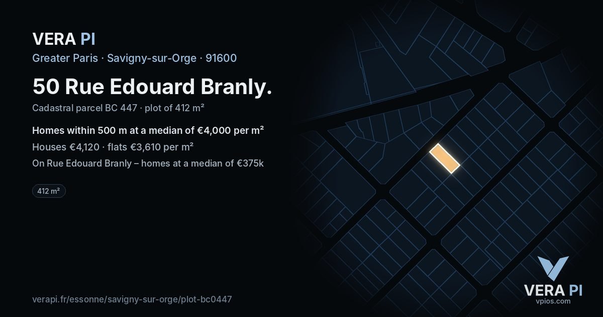 50 Rue Edouard Branly, Savigny-sur-Orge at night – the plot lit, the parcels around coloured by the prices near them