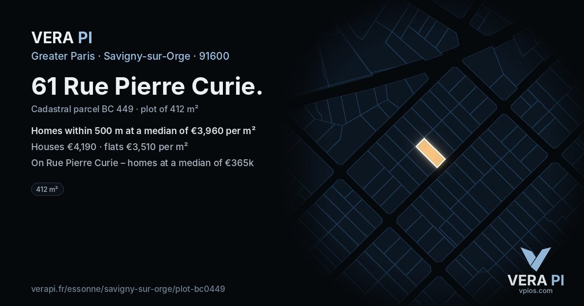 61 Rue Pierre Curie, Savigny-sur-Orge at night – the plot lit, the parcels around coloured by the prices near them