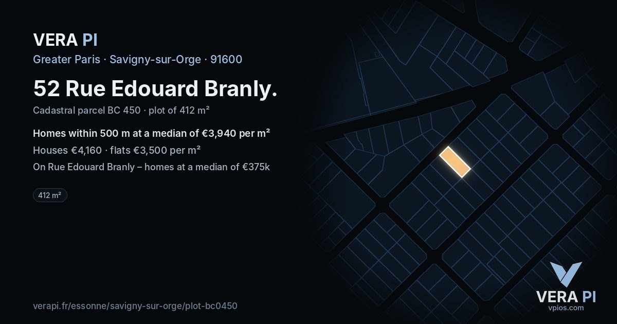 52 Rue Edouard Branly, Savigny-sur-Orge at night – the plot lit, the parcels around coloured by the prices near them