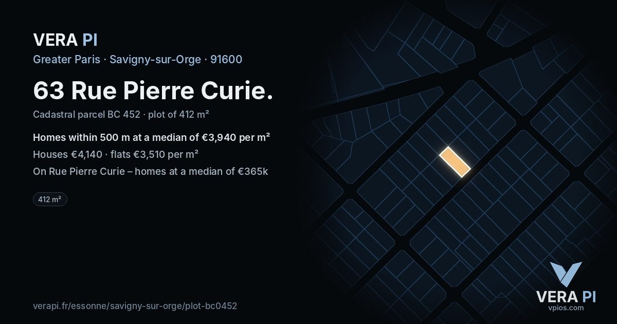63 Rue Pierre Curie, Savigny-sur-Orge at night – the plot lit, the parcels around coloured by the prices near them