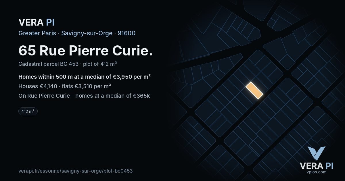 65 Rue Pierre Curie, Savigny-sur-Orge at night – the plot lit, the parcels around coloured by the prices near them