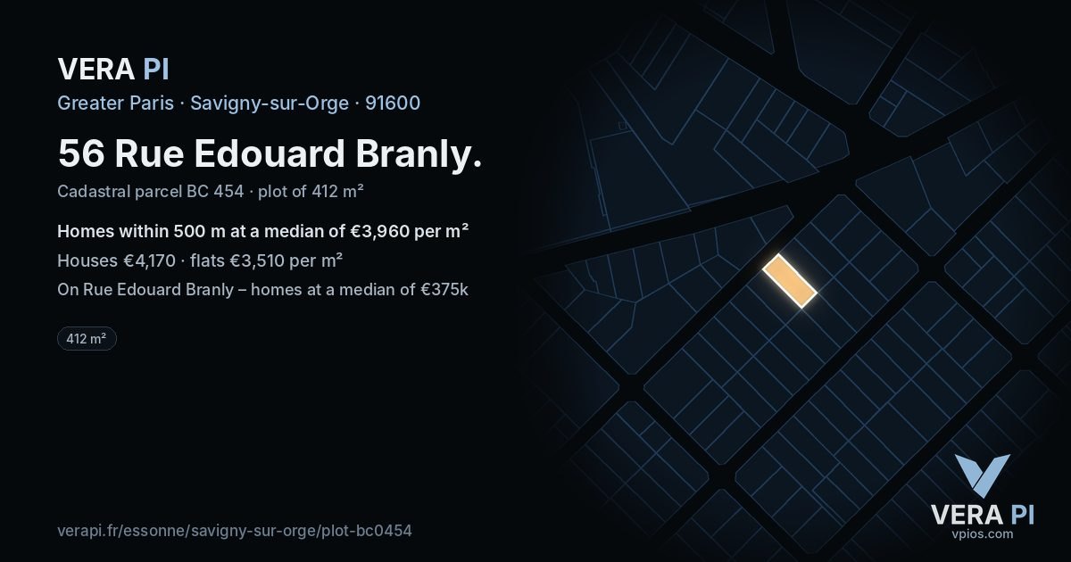 56 Rue Edouard Branly, Savigny-sur-Orge at night – the plot lit, the parcels around coloured by the prices near them