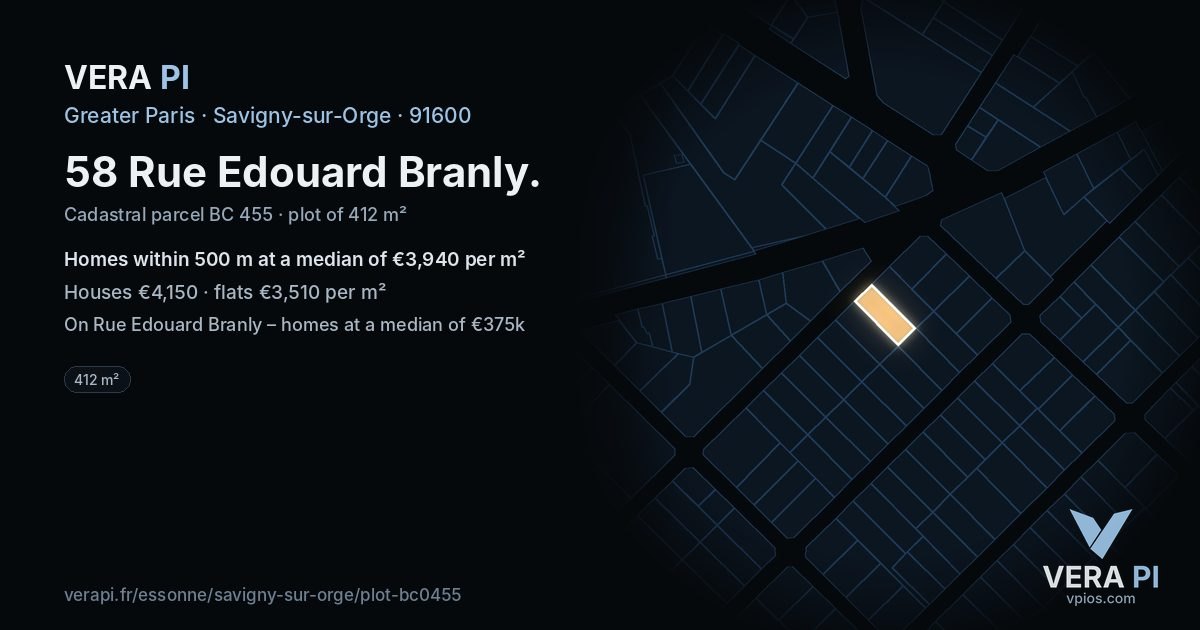 58 Rue Edouard Branly, Savigny-sur-Orge at night – the plot lit, the parcels around coloured by the prices near them
