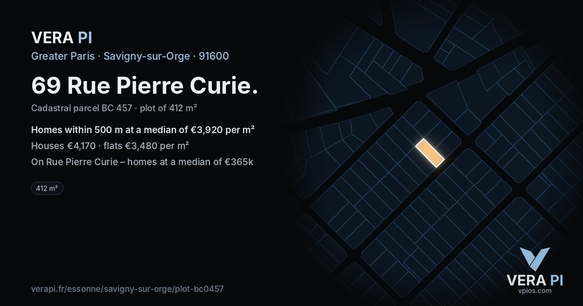 69 Rue Pierre Curie, Savigny-sur-Orge at night – the plot lit, the parcels around coloured by the prices near them