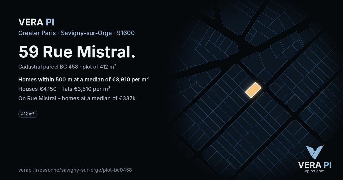 59 Rue Mistral, Savigny-sur-Orge at night – the plot lit, the parcels around coloured by the prices near them